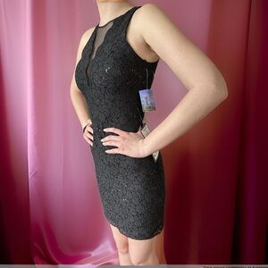 Black lace prom cocktail dress size 2 plunge neckline.  NWT